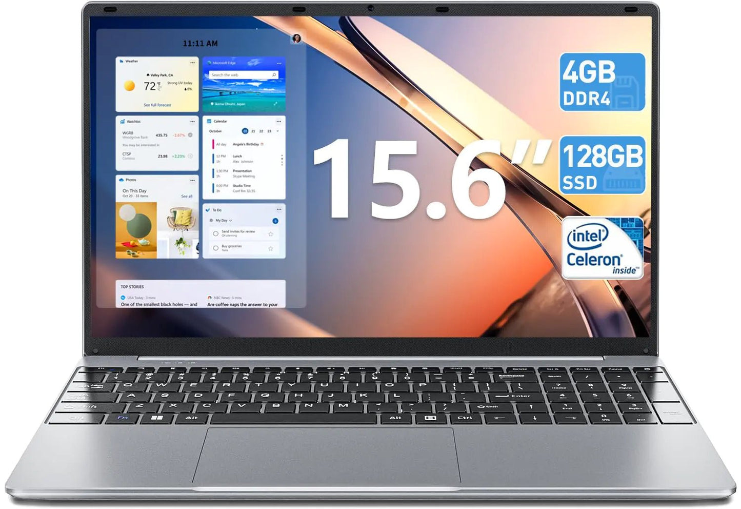 SGIN Laptop Computer 15.6 inch Laptop Laptops with 4GB DDR4 RAM 128GB SSD N4000 Processor Webcam Type - C Mini HDMI 53200mWh Battery WiFi5 2xUSB 3.2(Sliver) - Catch Cards