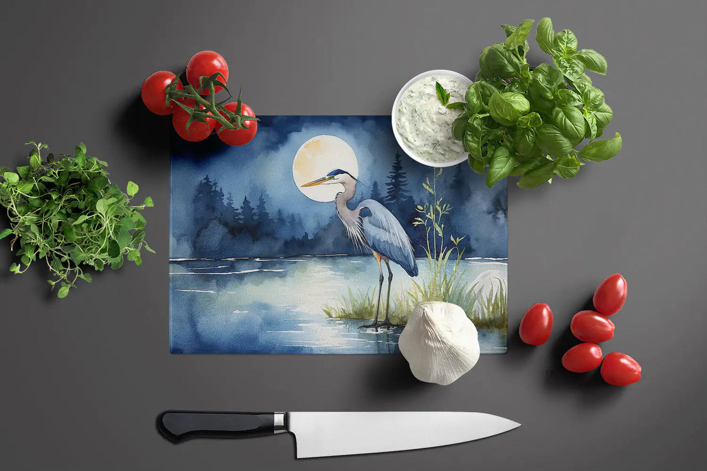 Blue Heron Under the Moonlight Glass Cutting Board WEM Support (www.WEM.support)