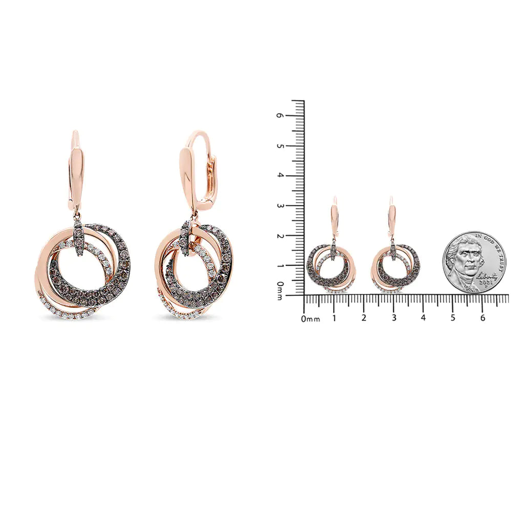 14K Rose Gold 1.00 Cttw White and Brown Diamond Intertwining Hoops and Circle Dangle Earrings (H-I/Brown Color, SI1-SI2 Clarity) WEM Support (www.WEM.support)