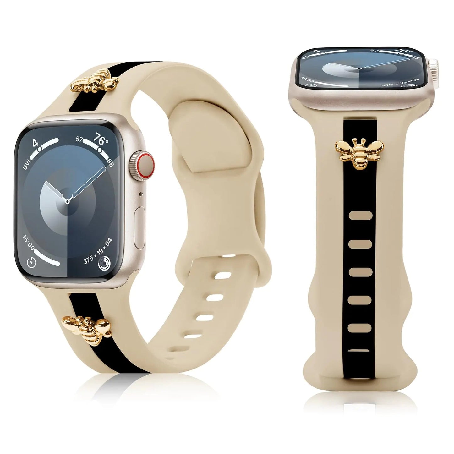 Silicone Strap for Apple Watch Bands 40mm 38mm 41mm, Stylish Bracelet with Gold Honey Bee Charms for iWatch Series 10(42mm) 9 8 7 6 5 4 3 SE, Designer Sport Wristbands for Apple Watch Bands Gray White - Catch Cards