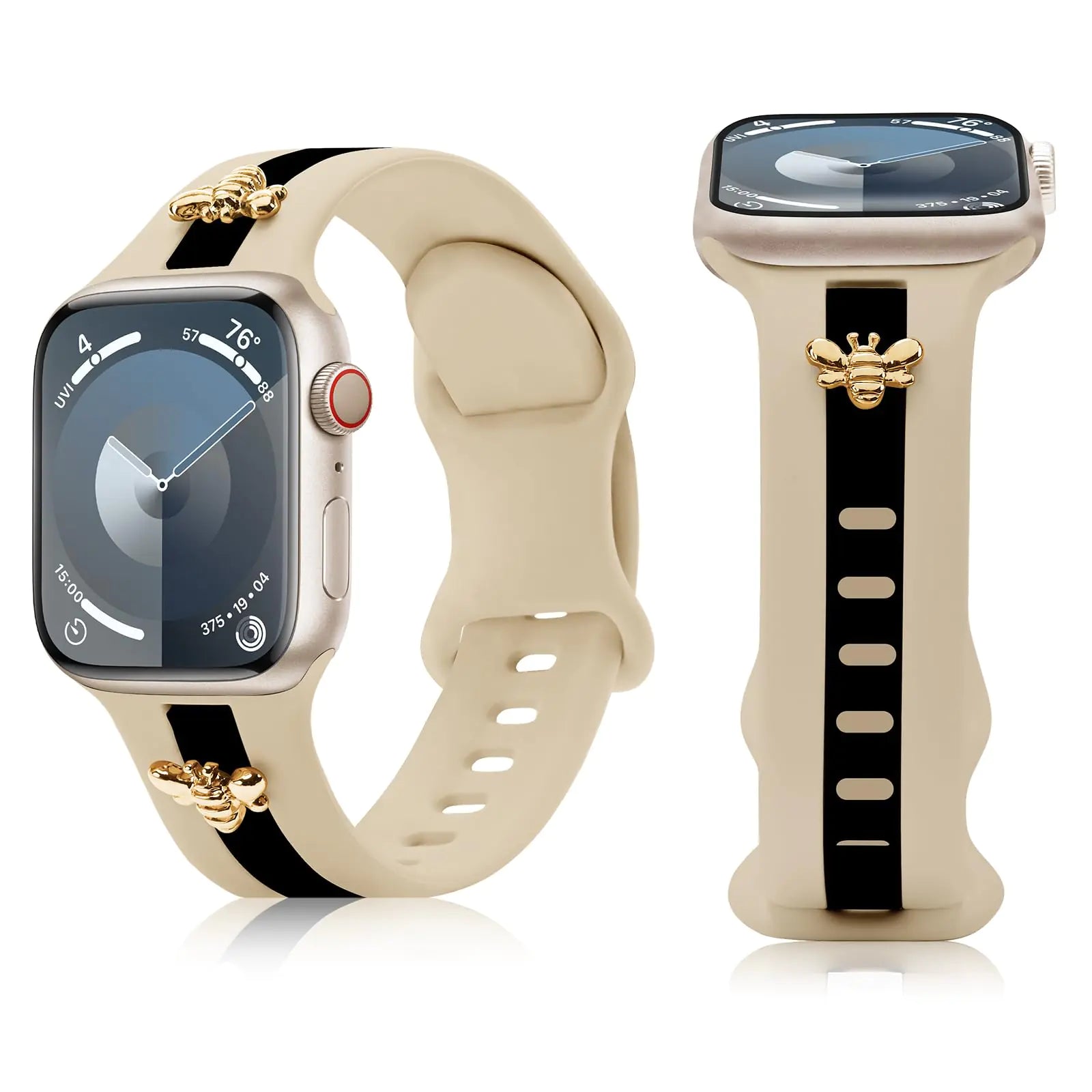 Silicone Strap for Apple Watch Bands 40mm 38mm 41mm, Stylish Bracelet with Gold Honey Bee Charms for iWatch Series 10(42mm) 9 8 7 6 5 4 3 SE, Designer Sport Wristbands for Apple Watch Bands Gray White - Catch Cards