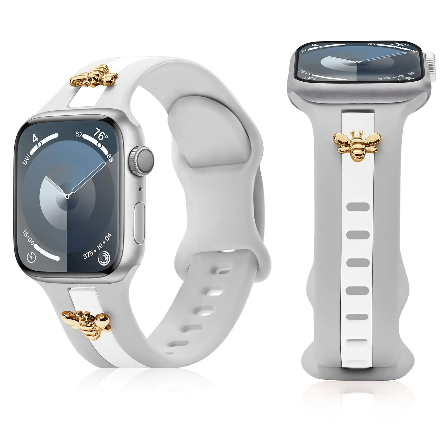 Silicone Strap for Apple Watch Bands 40mm 38mm 41mm, Stylish Bracelet with Gold Honey Bee Charms for iWatch Series 10(42mm) 9 8 7 6 5 4 3 SE, Designer Sport Wristbands for Apple Watch Bands Gray White - Catch Cards
