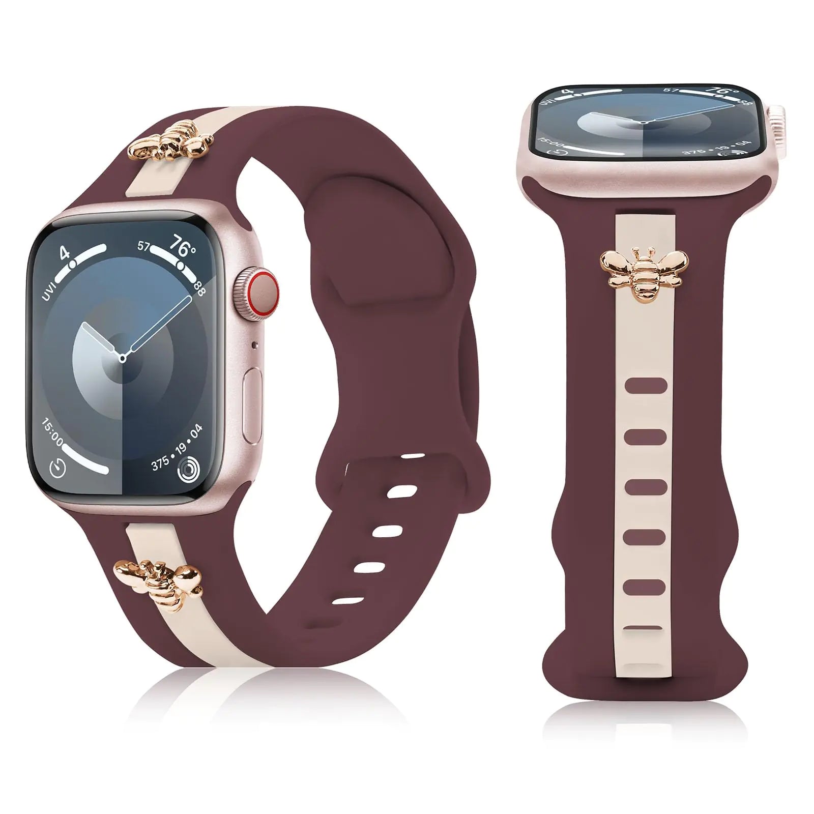 Silicone Strap for Apple Watch Bands 40mm 38mm 41mm, Stylish Bracelet with Gold Honey Bee Charms for iWatch Series 10(42mm) 9 8 7 6 5 4 3 SE, Designer Sport Wristbands for Apple Watch Bands Gray White - Catch Cards