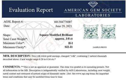 Boucles d'Oreilles en Diamant Solitaire Princesse de 14K Or avec Quatre Griffes Certifiées AGS (Couleur H-I, Clarté SI2-I1) - HejK.com Marketplace LLC