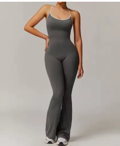 Solid Beauty - back Long Pants Jumpsuit Yoga Fitness Running Dance Slim Bodysuit Women Sports Clothing - Catch Cards