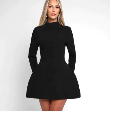 Solid Color Crew Neck Long Sleeve Slim Skirt (1 Piece) - Catch Cards