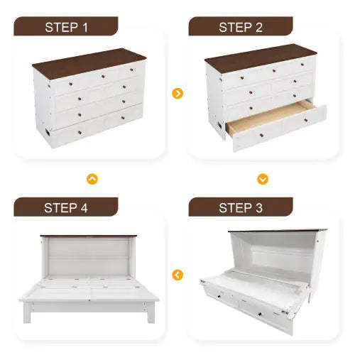 Solid Pine Murphy Bed Chest With Charging Station And Large Storage Drawer For Home Office Or Small Room , Full, White Walnut WEM Support (www.WEM.support)