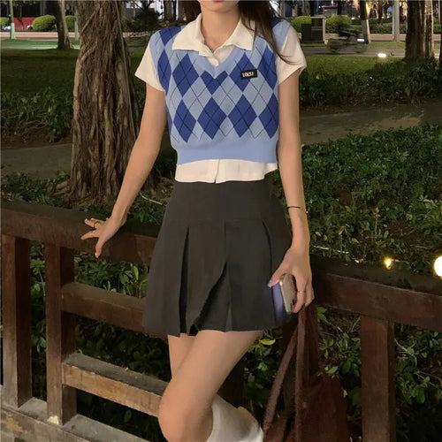 Summer American Rhombus Blue Cropped Knitted Vest for Women - Catch Cards