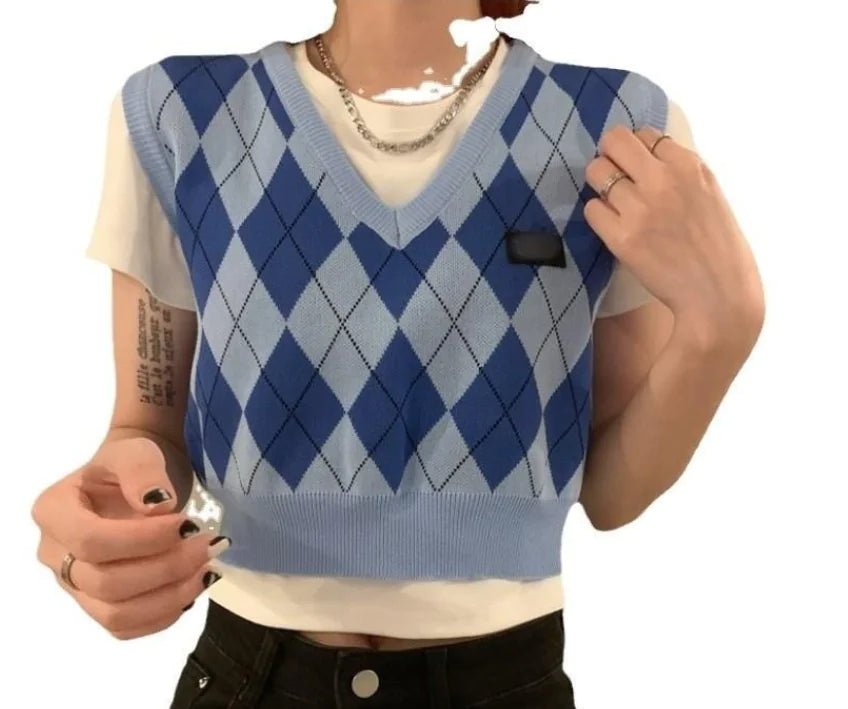 Summer American Rhombus Blue Cropped Knitted Vest for Women - Catch Cards
