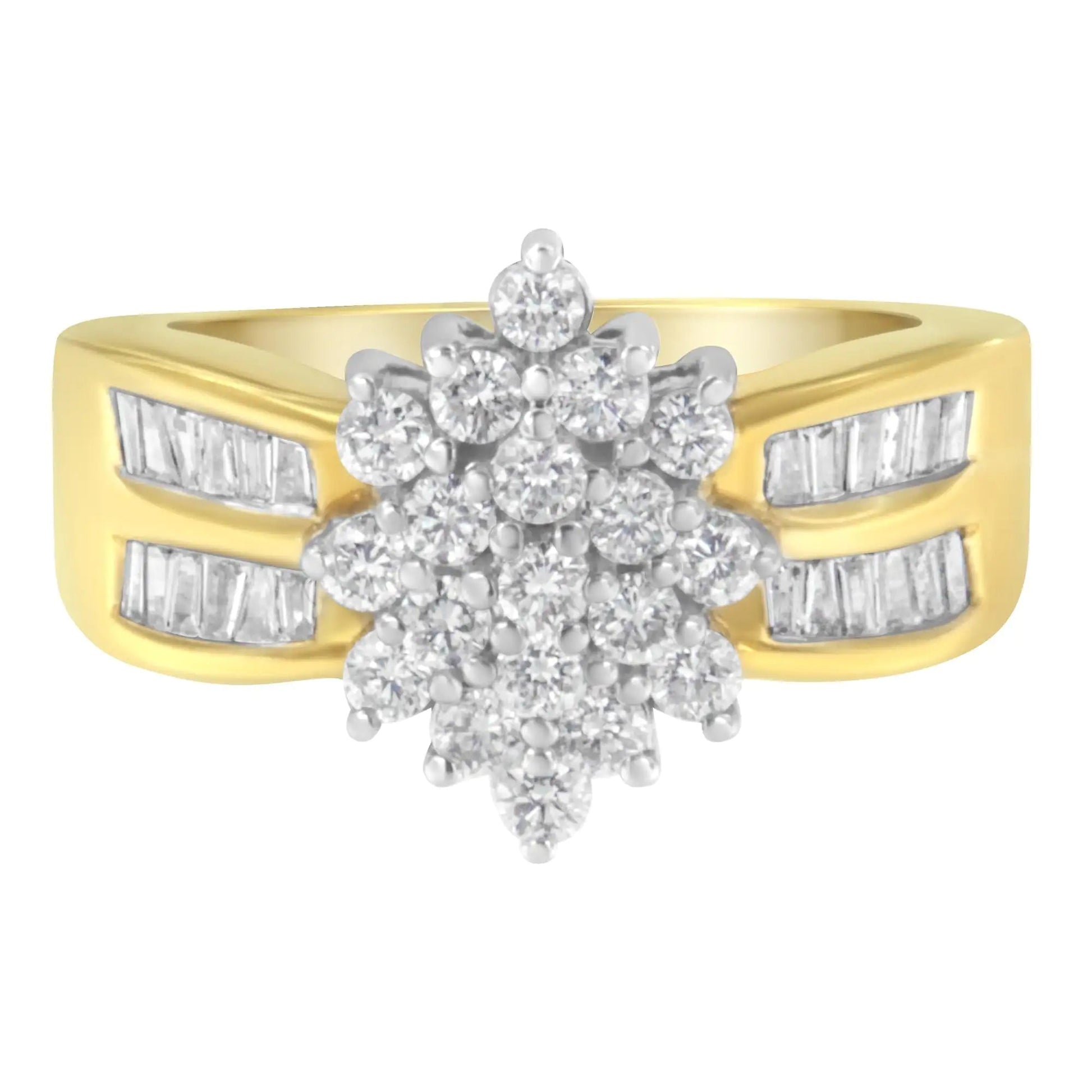 10K Yellow Gold 1.0 Cttw Round & Baguette Cut Diamond Floral Cluster Double-Channel Flared Band Statement Ring (H-I Color, SI2-I1 Clarity) WEM Support (www.WEM.support)