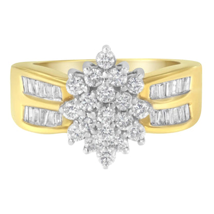 10K Yellow Gold 1.0 Cttw Round & Baguette Cut Diamond Floral Cluster Double-Channel Flared Band Statement Ring (H-I Color, SI2-I1 Clarity) WEM Support (www.WEM.support)