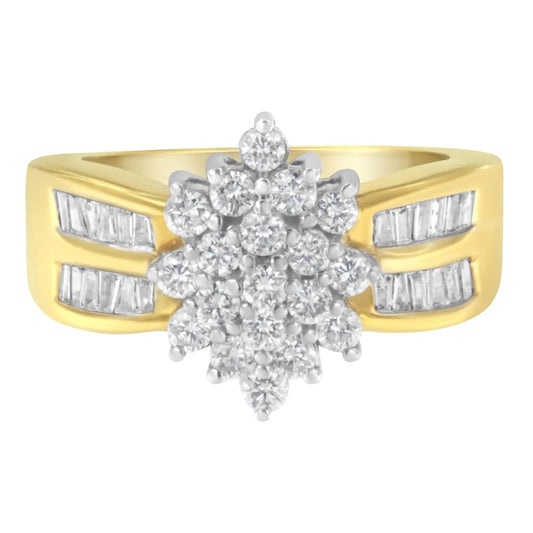 10K Yellow Gold 1.0 Cttw Round & Baguette Cut Diamond Floral Cluster Double-Channel Flared Band Statement Ring (H-I Color, SI2-I1 Clarity) WEM Support (www.WEM.support)