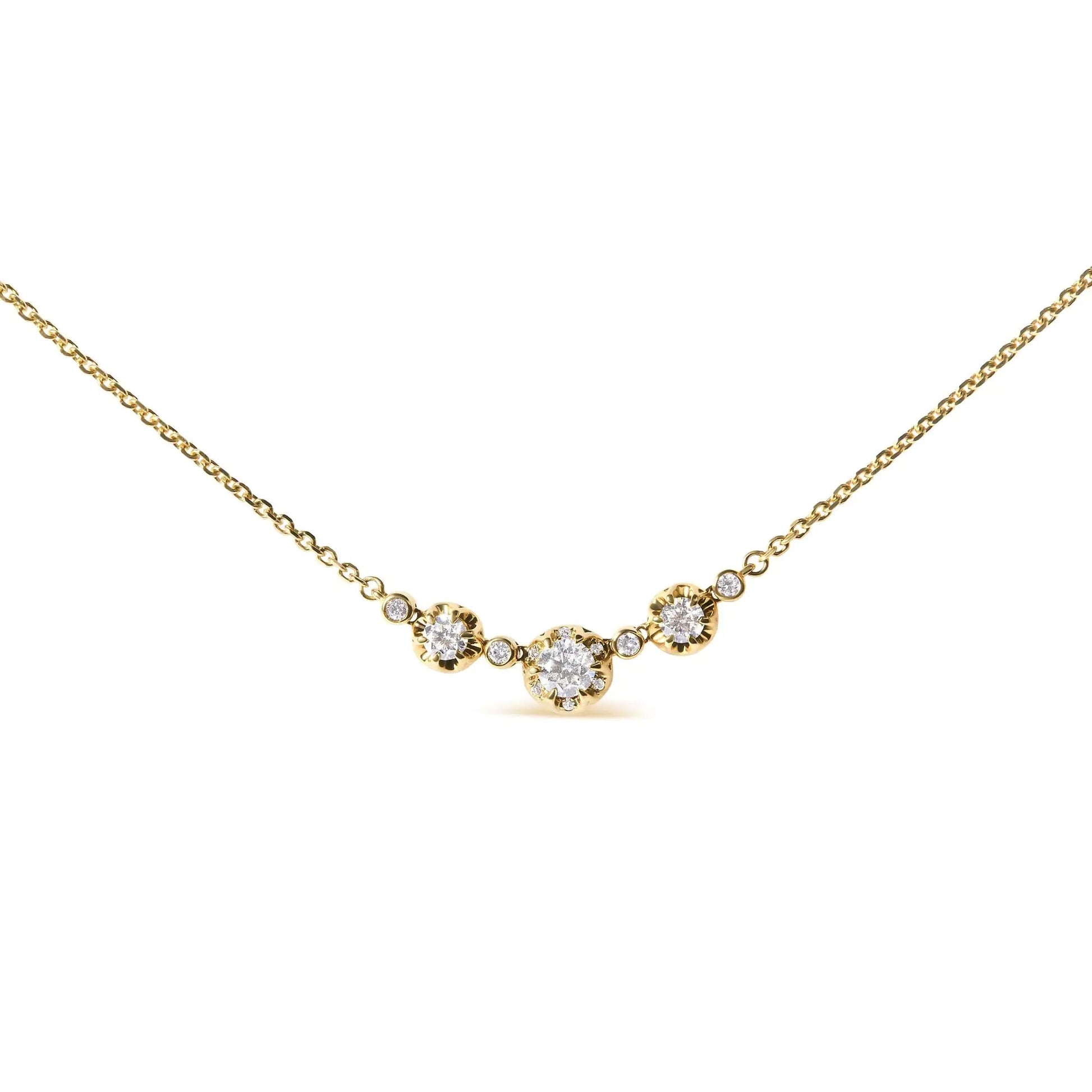 14k Yellow Gold 3/4 Cttw 3 Stone Round Diamond 18" Statement Necklace  (H-I Color, I1-I2 Clarity) WEM Support (www.WEM.support)