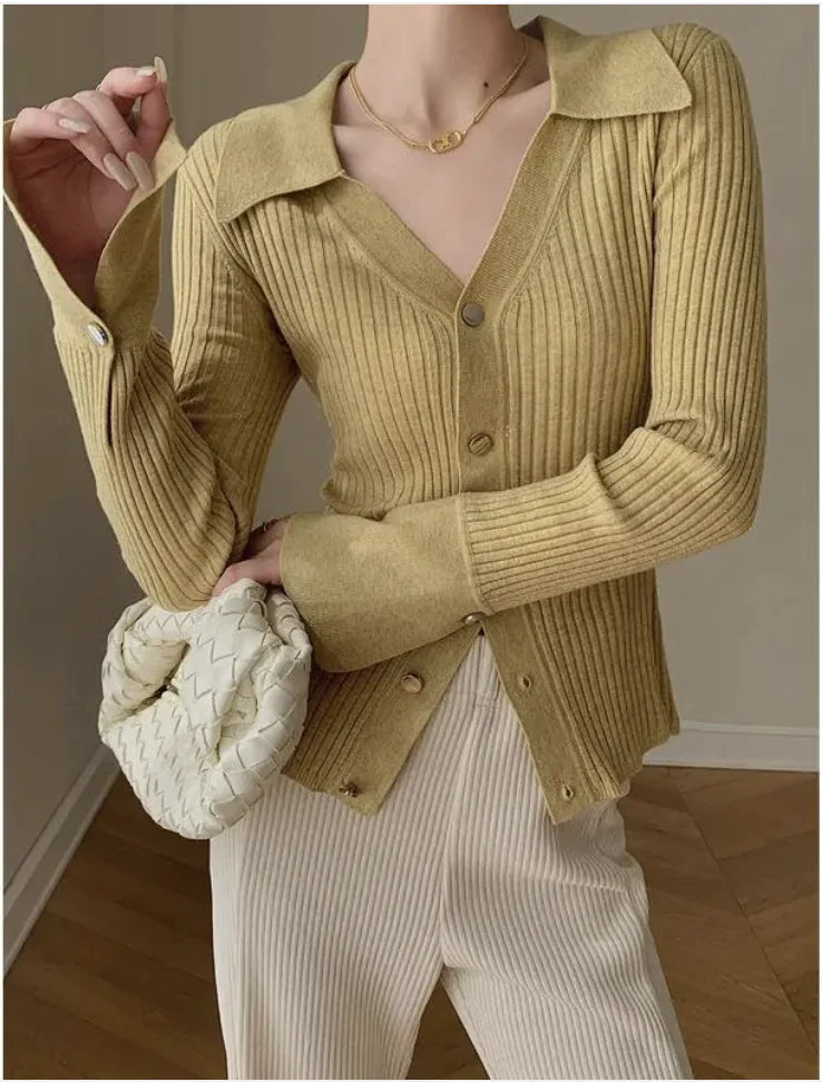 Stylish V-Neck Solid Color Knitted Cardigan WEM Support (www.WEM.support)