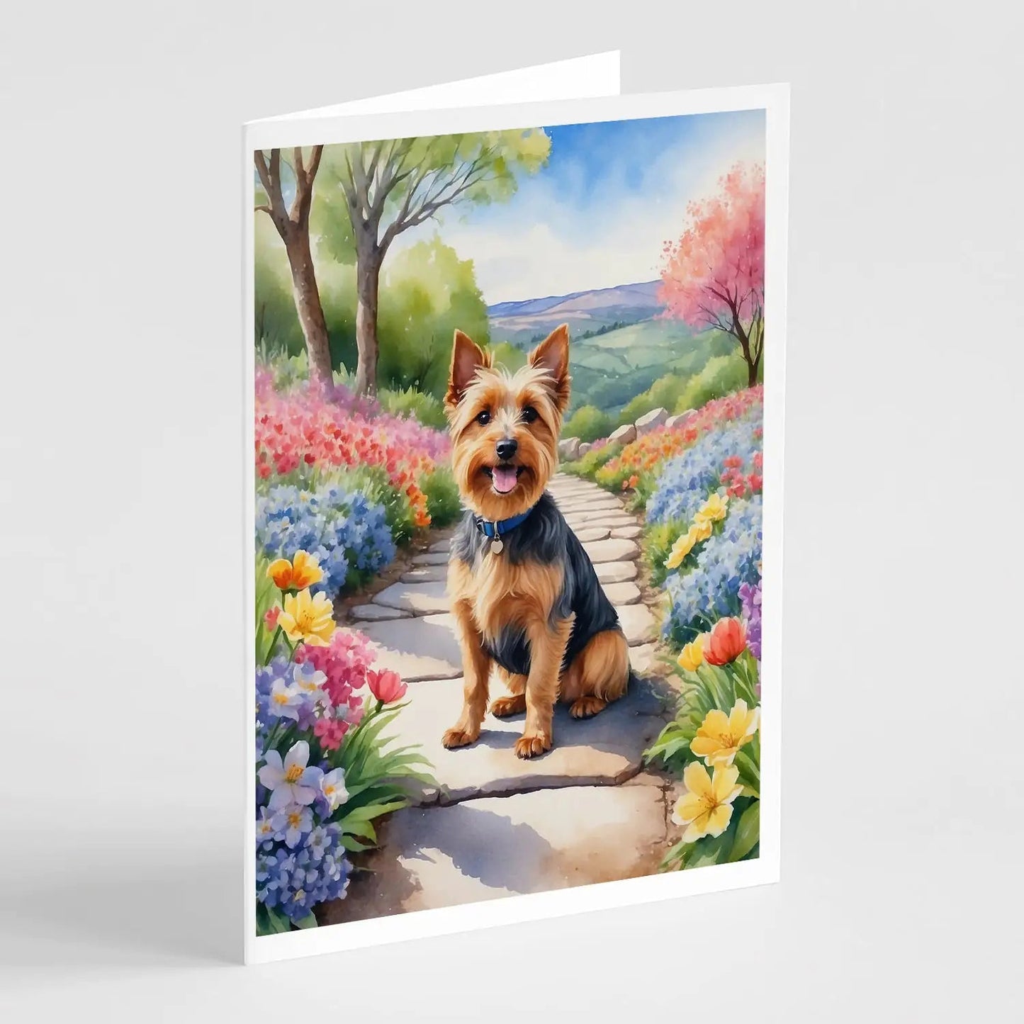 Australian Terrier Spring Garden Greeting Cards Pack of 8 WEM Support (www.WEM.support)