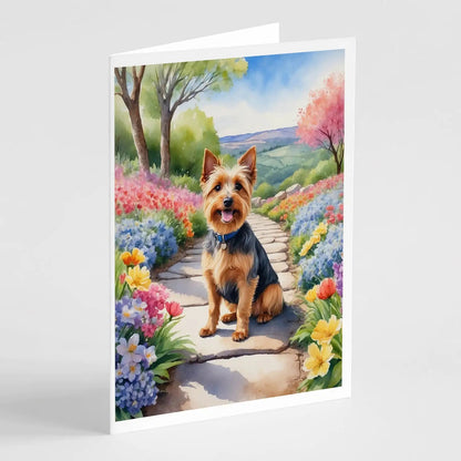 Australian Terrier Spring Garden Greeting Cards Pack of 8 WEM Support (www.WEM.support)