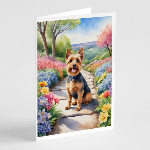 Australian Terrier Spring Garden Greeting Cards Pack of 8 WEM Support (www.WEM.support)