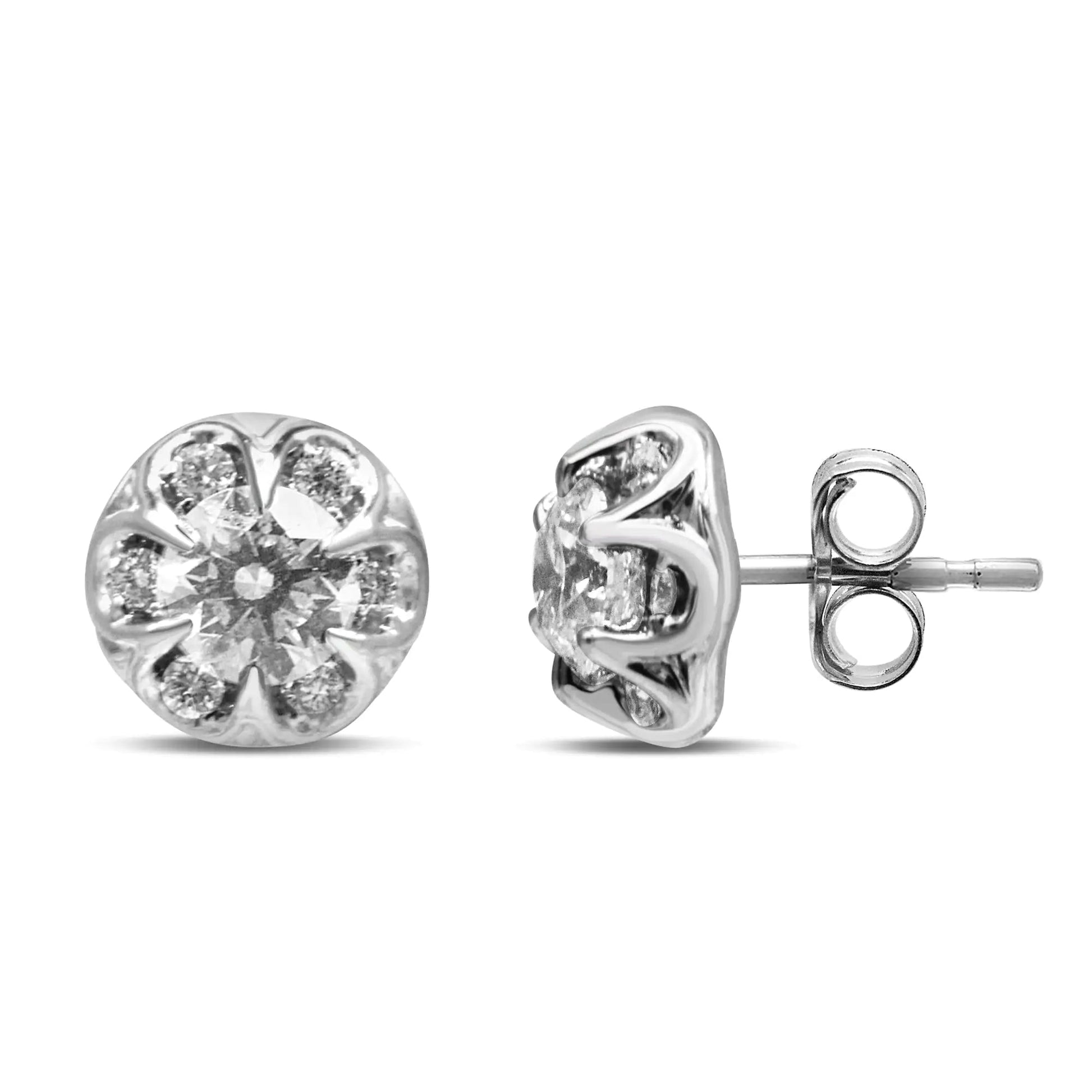 14K White Gold 3/4 Cttw Round Cut Diamond Halo Cluster Stud Earrings (I-J Color, I1-I2 Clarity) WEM Support (www.WEM.support)