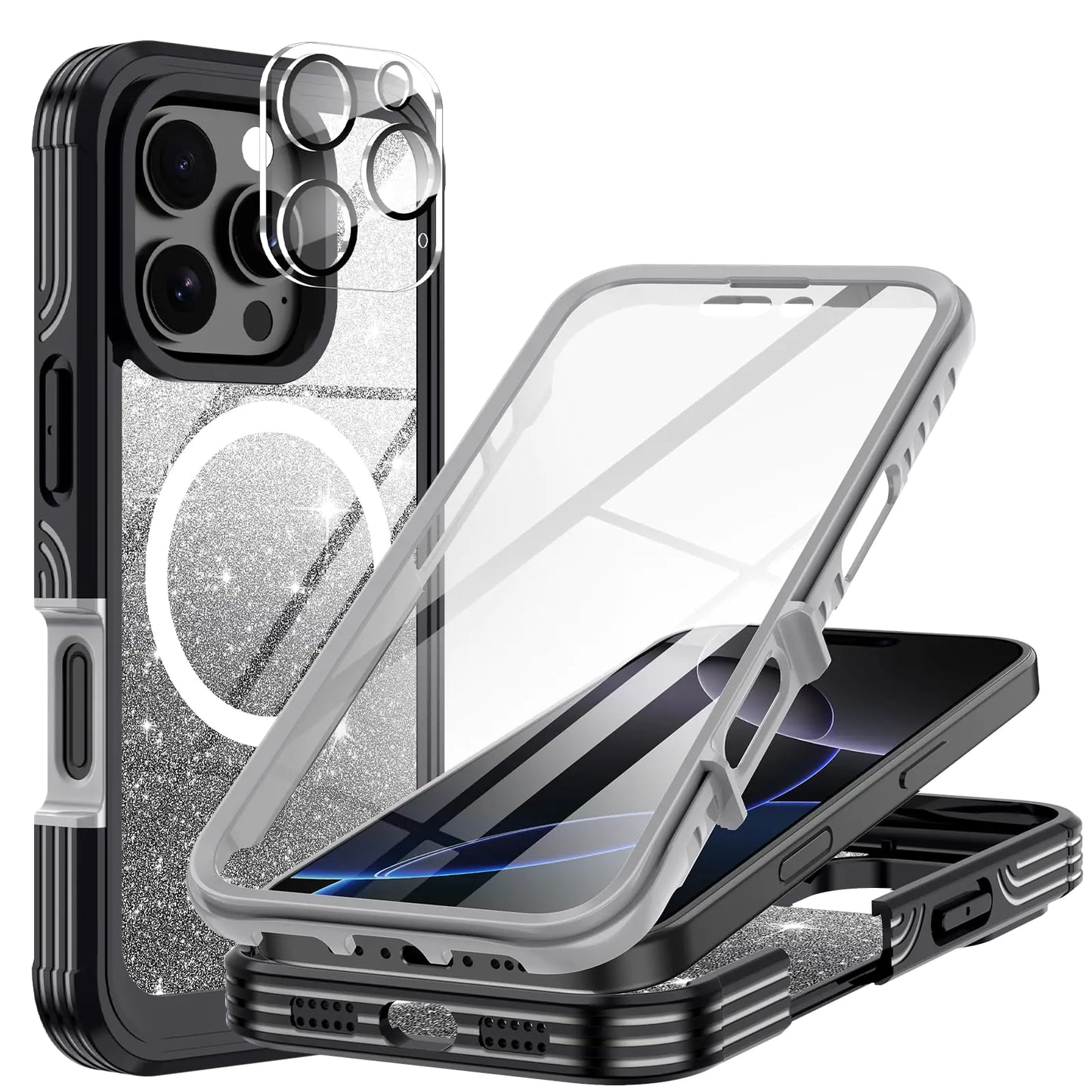 Hekodonk for iPhone 16 Plus Case,Compatible with Magsafe[Built-in 9H Tempered Glass Screen Protector & Camera Lens Protector] Full Body Shockproof Protective Women Girl Bling Case,Pink Glitter