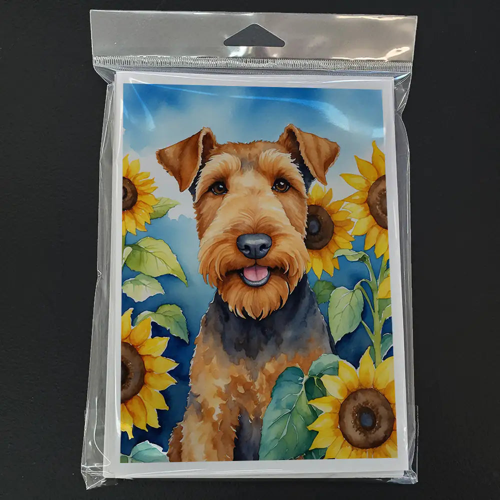 Airedale Terrier in Sunflowers Greeting Cards Pack of 8 WEM Support (www.WEM.support)