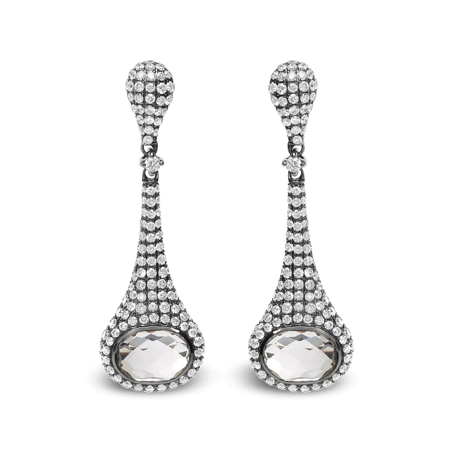 Black Rhodium Plated 18K White Gold 1 3/8 Cttw Round Pave Diamonds and 8x6mm Oval White Quartz Gemstone Sculptural Drop and Dangle Earrings (G-H Color, SI1-SI2 Clarity) WEM Support (www.WEM.support)