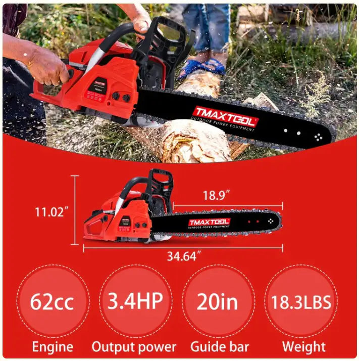 TMAXTOOL 62cc Powerful 20 Inch Gas Chainsaw With 2 Stroke - Perfect For Pruning, Limbing, And Sawmill Operations-Red WEM Support (www.WEM.support)
