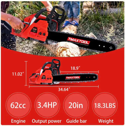 TMAXTOOL 62cc Powerful 20 Inch Gas Chainsaw With 2 Stroke - Perfect For Pruning, Limbing, And Sawmill Operations-Red WEM Support (www.WEM.support)