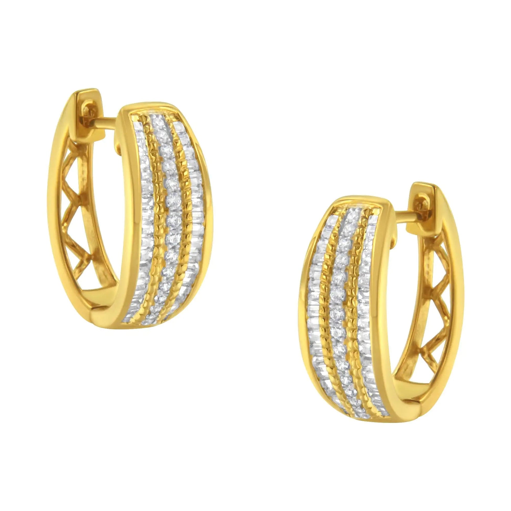 10K Yellow Gold 3/4 Cttw Pave and Channel Set Diamond Triple Row Modern Hoop Earrings (I-J Color, I2-I3 Clarity) WEM Support (www.WEM.support)