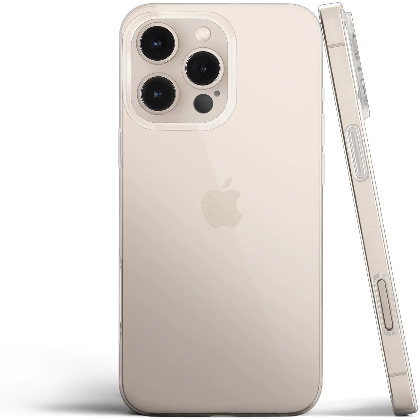 A thin iPhone 16 Pro Max case in desert titanium color, showing the back and side view with the camera cutout.