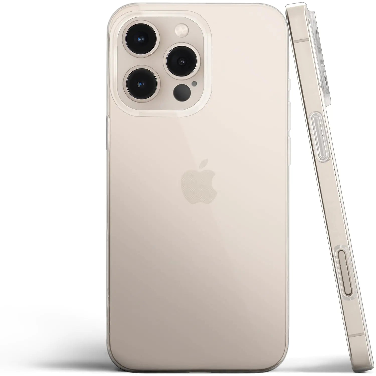 A thin iPhone 16 Pro Max case in desert titanium color, showing the back and side view with the camera cutout.