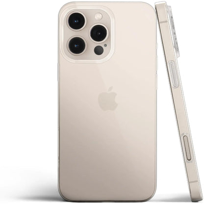 A thin iPhone 16 Pro Max case in desert titanium color, showing the back and side view with the camera cutout.