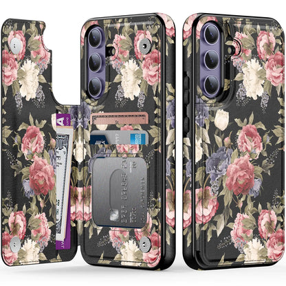 LETO for Samsung Galaxy S24 Plus Wallet Case - Flip Folio Leather Kickstand - Fashionable Flower Designs - Credit Card Holder - Protective Phone Cover for Women and Girls - 6.7" - White Pink Flowers