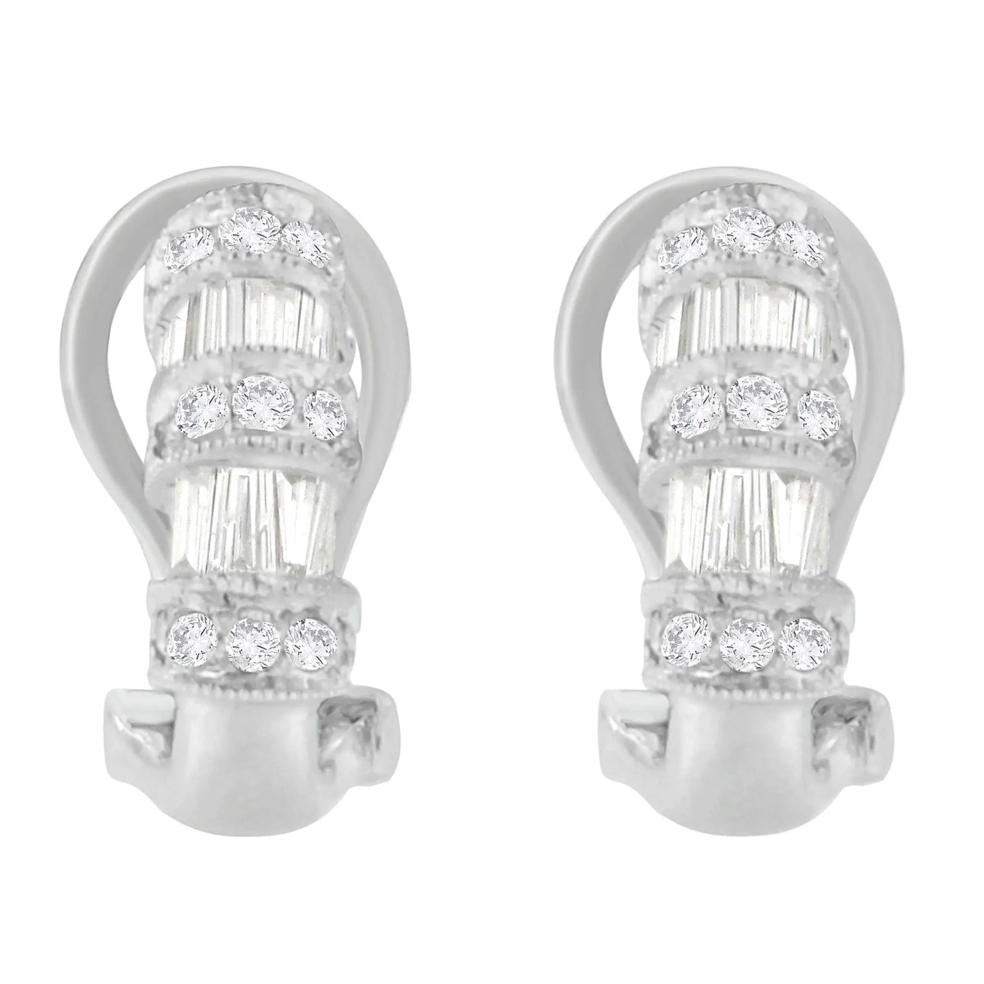 14K White Gold 1 cttw Round and Baguette Cut Diamond Earrings (H-I, SI2-I1) WEM Support (www.WEM.support)