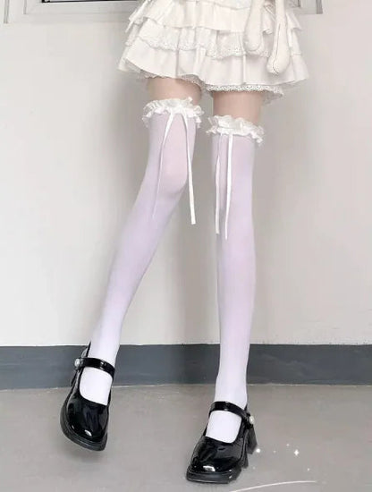 Women's White Silk Knee-High Thin Velvet Stockings WEM Support (www.WEM.support)