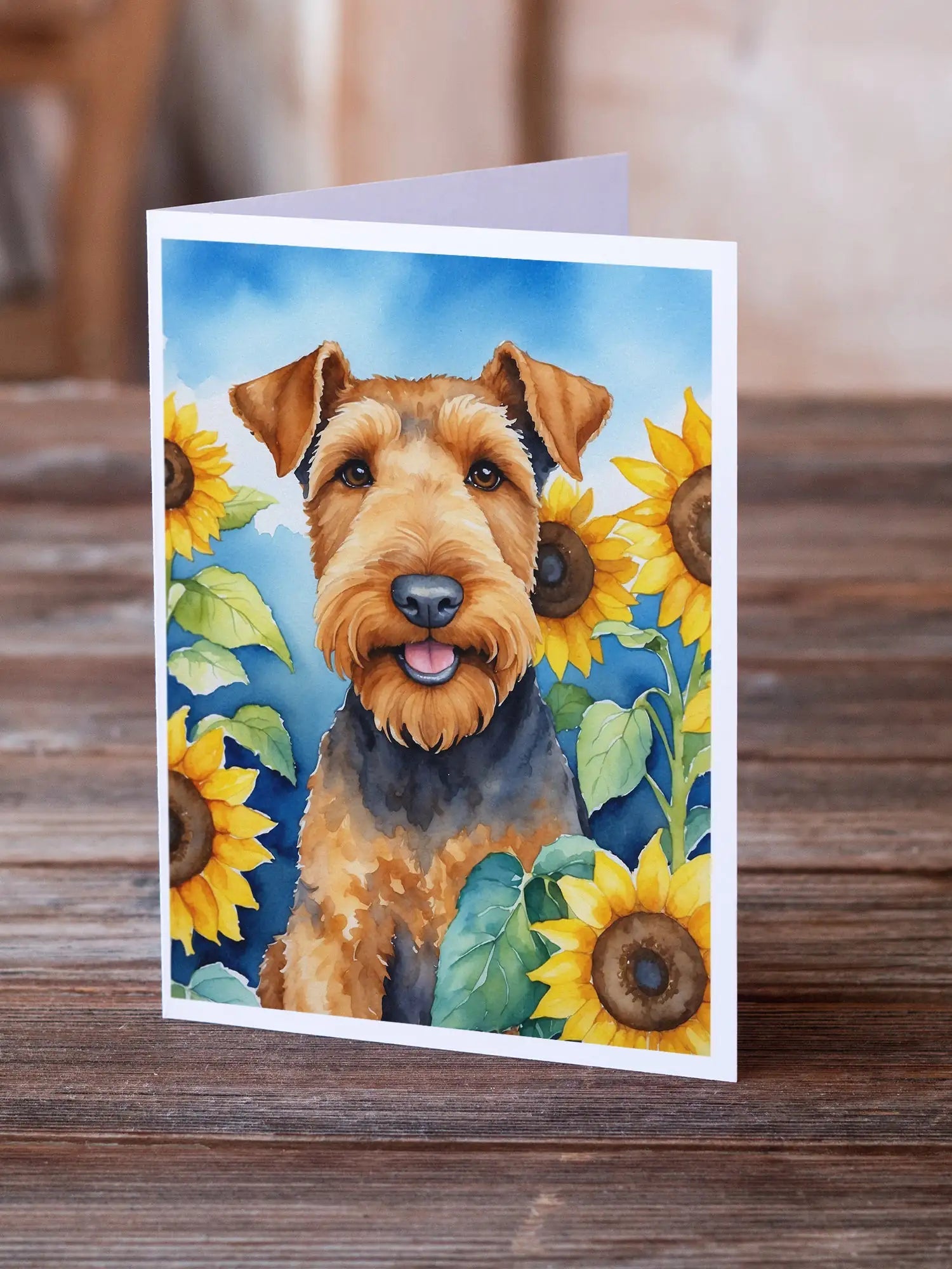 Airedale Terrier in Sunflowers Greeting Cards Pack of 8 WEM Support (www.WEM.support)