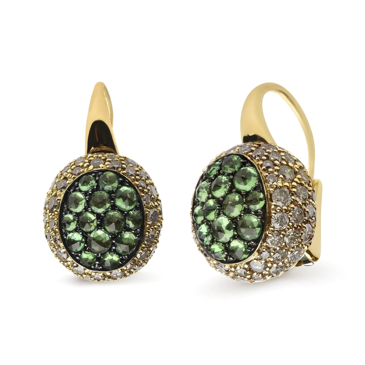 18K Yellow Gold 3 1/2 Cttw Diamond and Round Green Tsavorite Gemstone Round Domed Drop Hoop Earrings (Brown Color, SI1-SI2 Clarity) WEM Support (www.WEM.support)