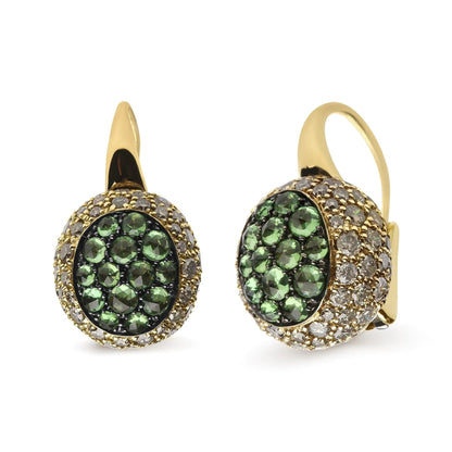 18K Yellow Gold 3 1/2 Cttw Diamond and Round Green Tsavorite Gemstone Round Domed Drop Hoop Earrings (Brown Color, SI1-SI2 Clarity) WEM Support (www.WEM.support)
