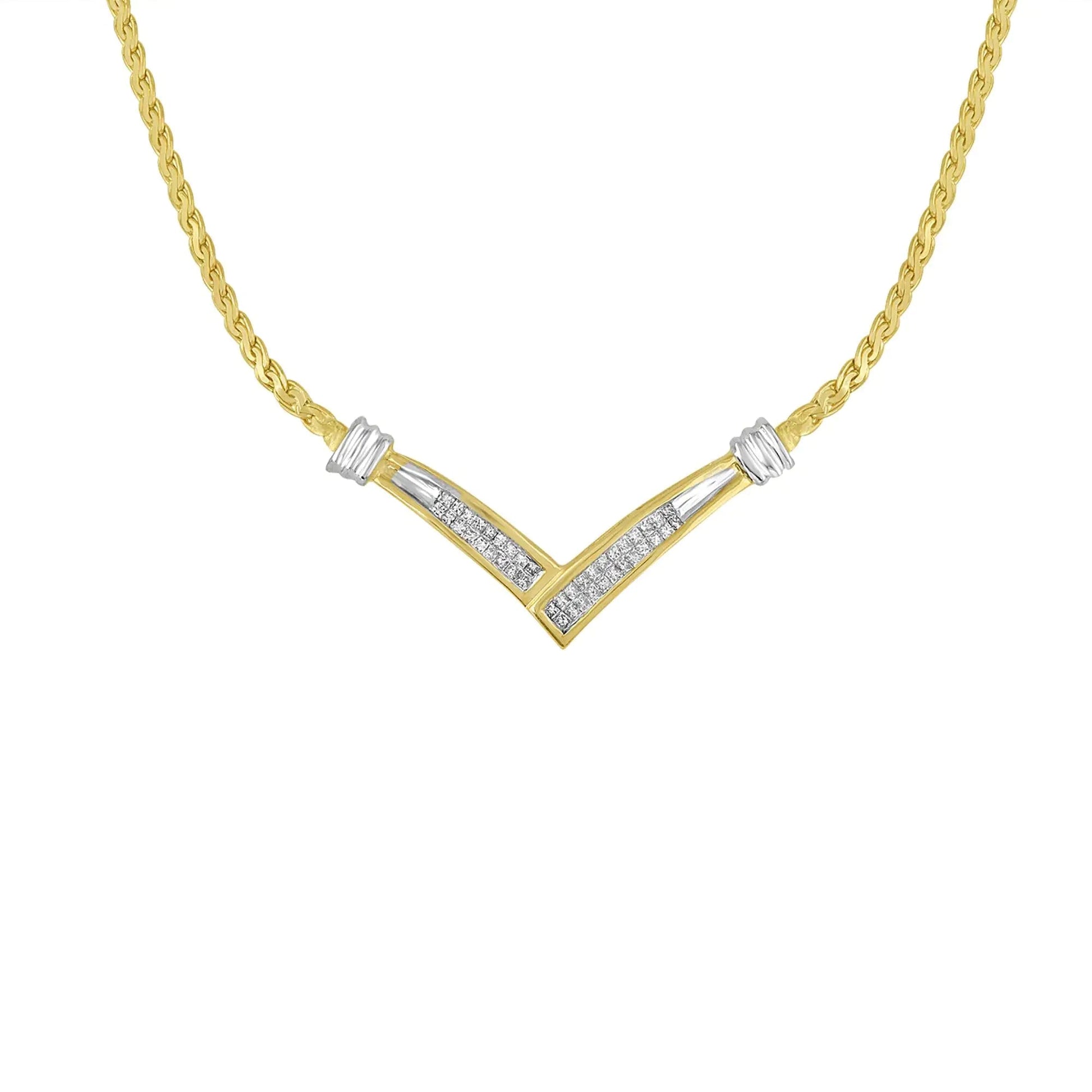 10K Yellow and White Gold 1/2 Cttw Princess Cut Diamond Channel-Set “V” Shape 18" Franco Chain Necklace (H-I Color, SI2-I1 Clarity) WEM Support (www.WEM.support)