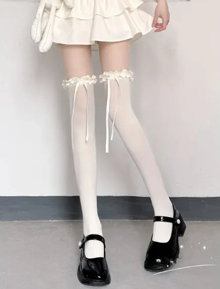 Women's White Silk Knee-High Thin Velvet Stockings WEM Support (www.WEM.support)