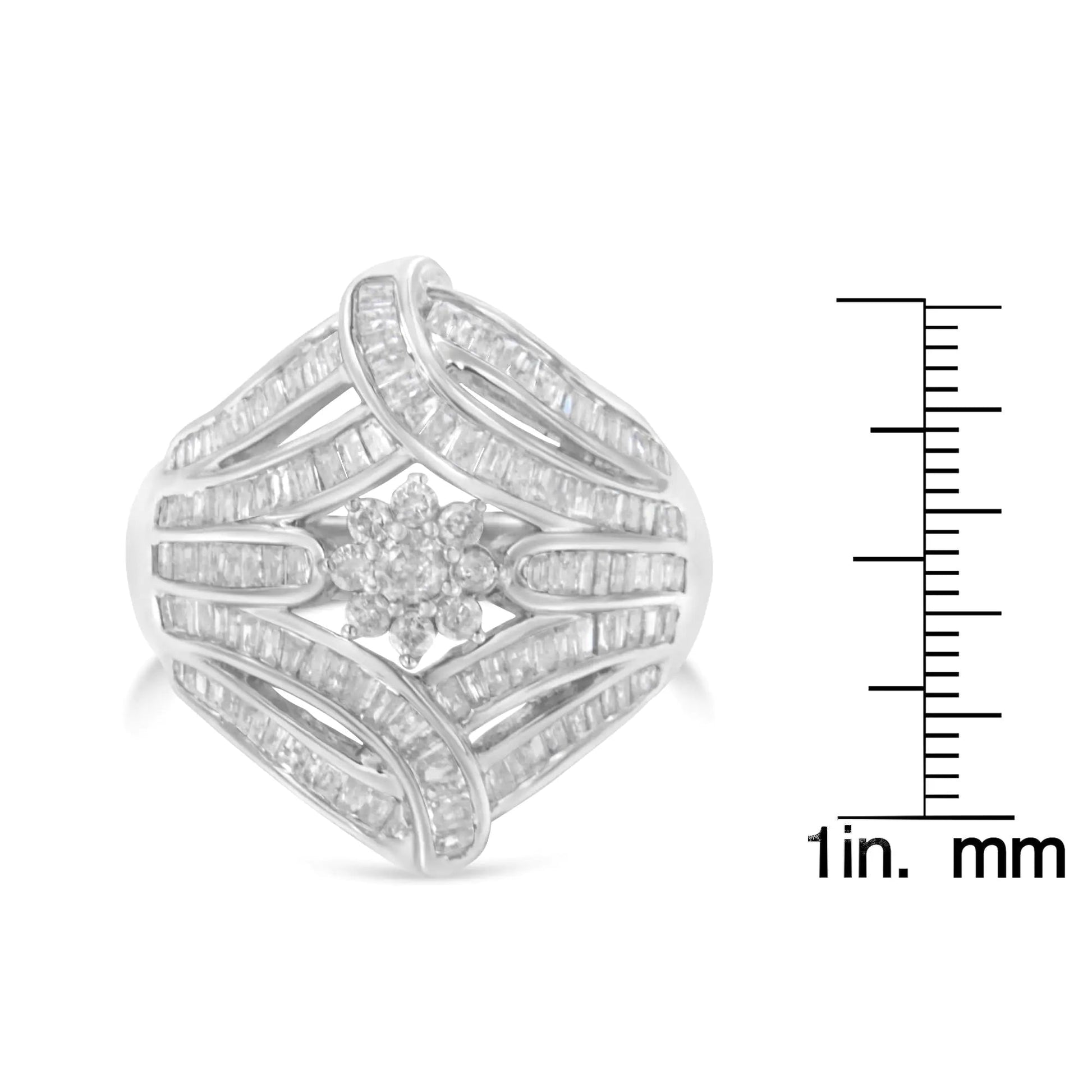 .925 Sterling Silver 1-1/8 Cttw Round & Baguette Diamond 'Flower & Fern' Cluster Cocktail Fashion Ring (I-J Color, I2-I3 Clarity) WEM Support (www.WEM.support)