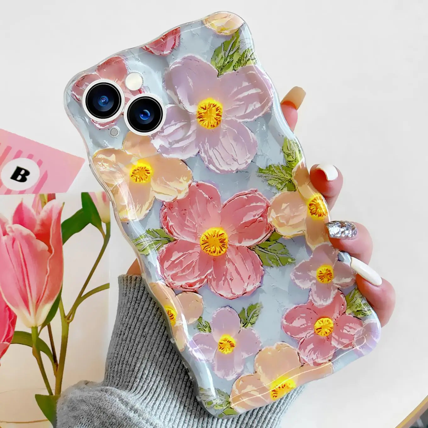 Floral Case for iPhone 13, Curly Wave Frame Flower Phone Case for Girls Women Soft Protective Cover for iPhone 13 6.1 inch HejK.com