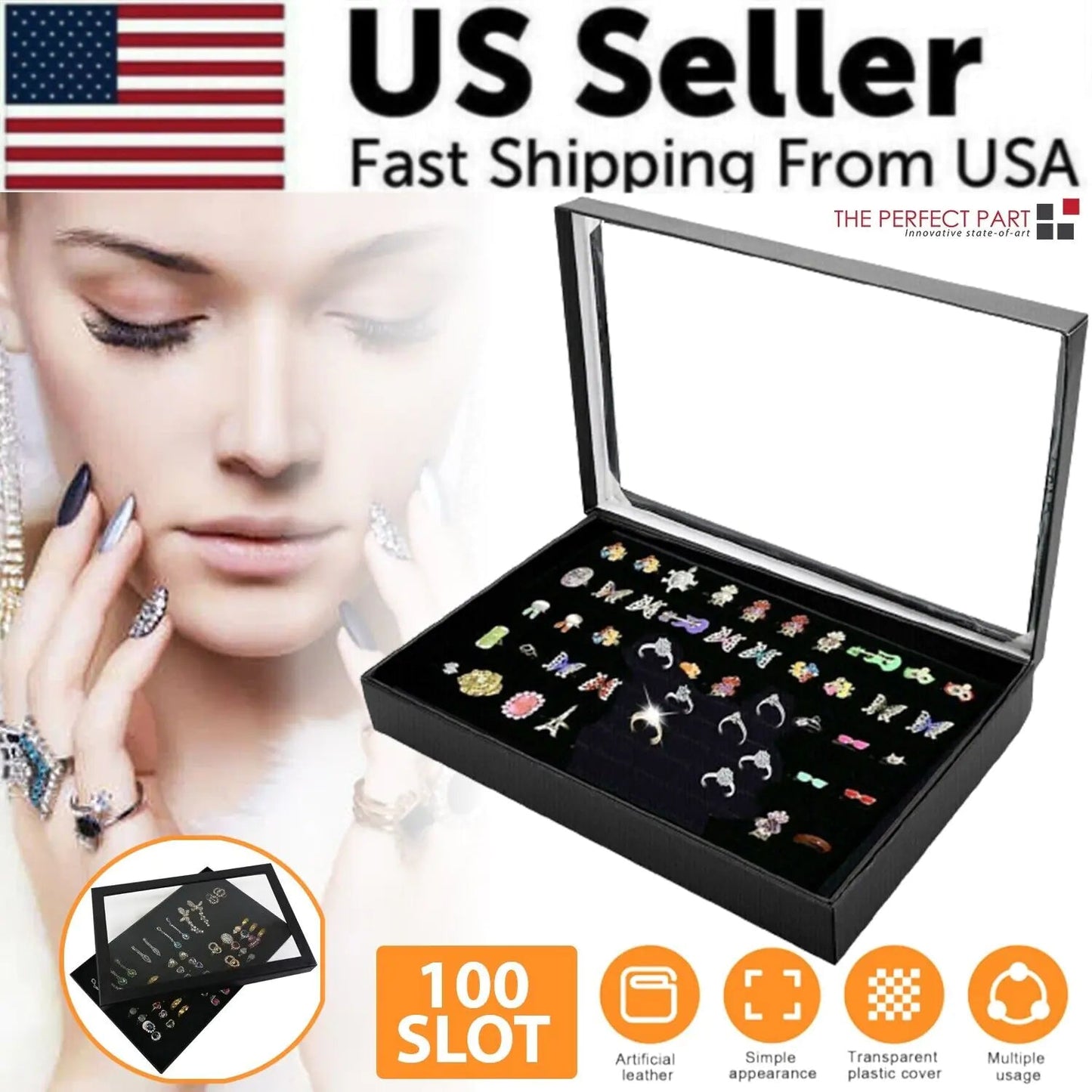 100 Slots Jewelry Ring Display Organizer Tray Holder Earrings Storage Box Case WEM Support (www.WEM.support)