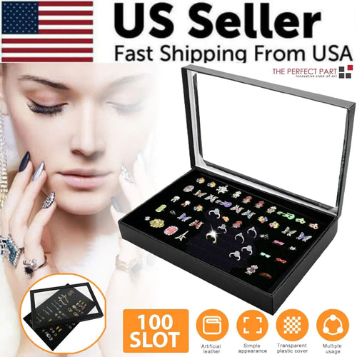 100 Slots Jewelry Ring Display Organizer Tray Holder Earrings Storage Box Case WEM Support (www.WEM.support)
