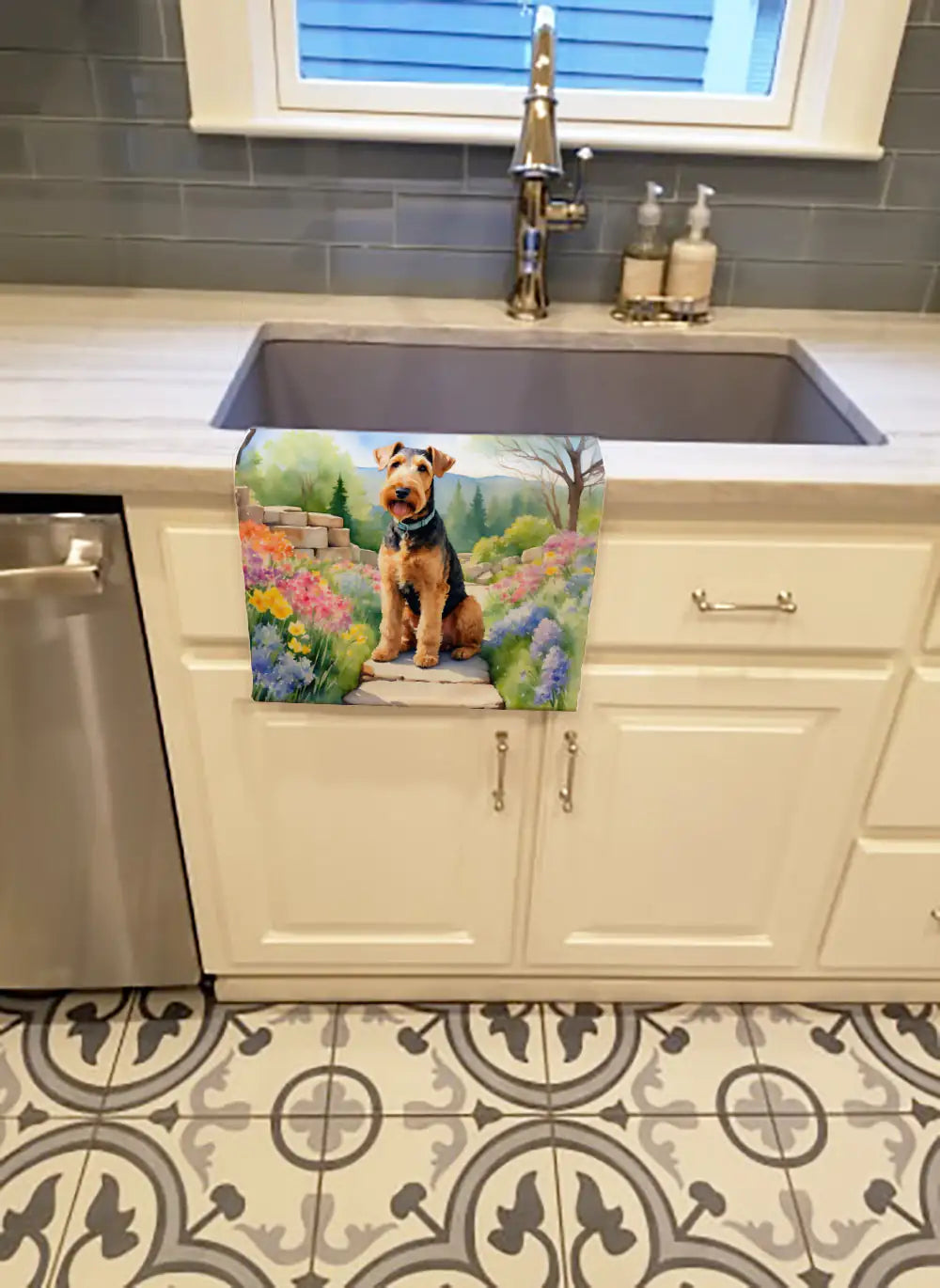 Airedale Terrier Spring Garden Kitchen Towel WEM Support (www.WEM.support)