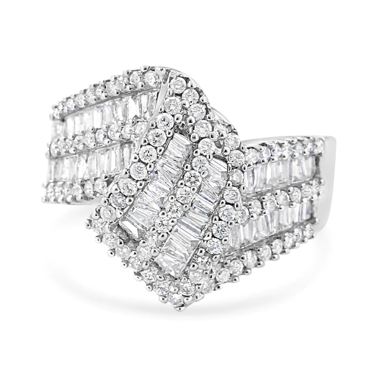 14K White Gold 1-1/2 Cttw Round and Baguette Diamond Bypass Cocktail Ring Band (H-I Color, SI1-SI2 Clarity) WEM Support (www.WEM.support)