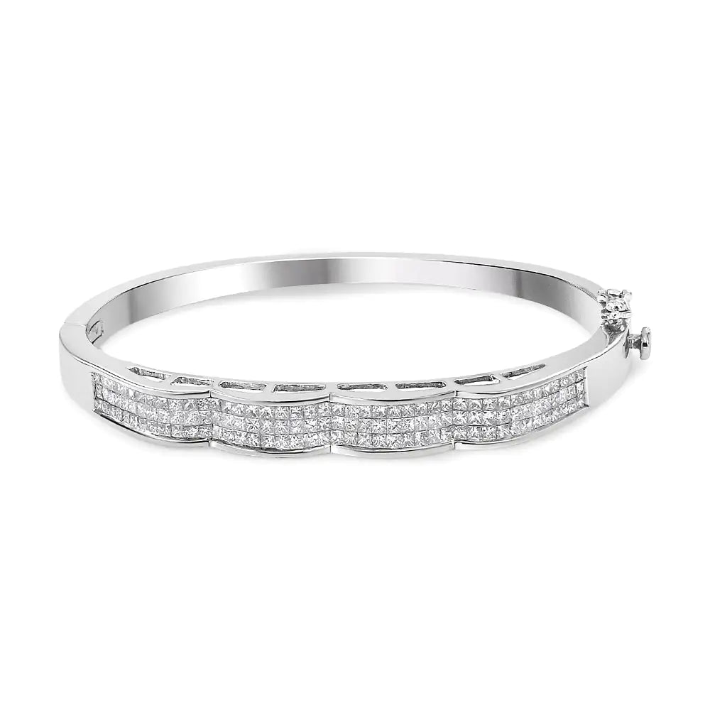 14K White Gold 3 1/3 Cttw Invisible Set Princess-Cut Diamond Wave Bangle Bracelet (H-I Color, SI1-SI2 Clarity) - Size 7" WEM Support (www.WEM.support)