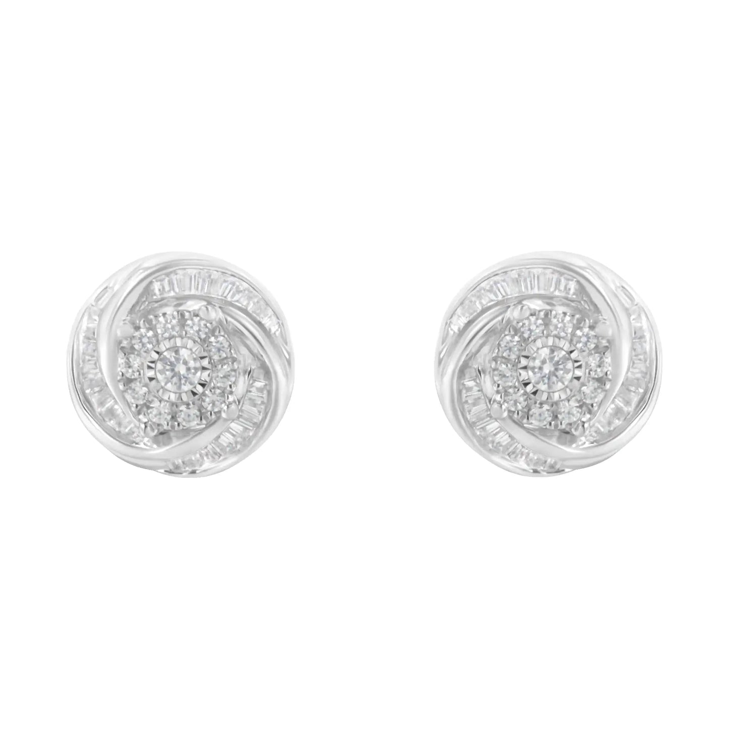.925 Sterling Silver 3/4 Cttw Round and Baguette-Cut Diamond Love Knot Stud Earring (I-J Color, I2-I3 Clarity) WEM Support (www.WEM.support)