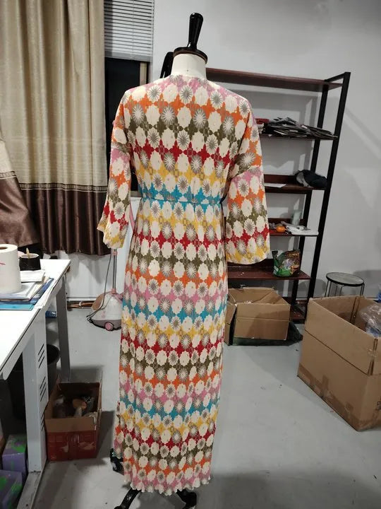 Retro Loose Painted Lantern Sleeve V-neck Printed Dress WEM Support (www.WEM.support)