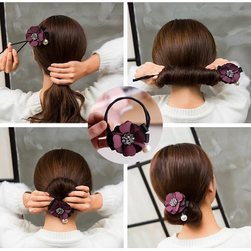 Elegant Rhinestone Flower Pearls Hair Curls Bun Maker WEM Support (www.WEM.support)
