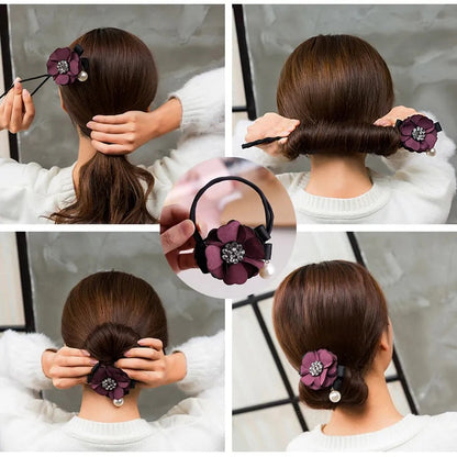 Elegant Rhinestone Flower Pearls Hair Curls Bun Maker WEM Support (www.WEM.support)